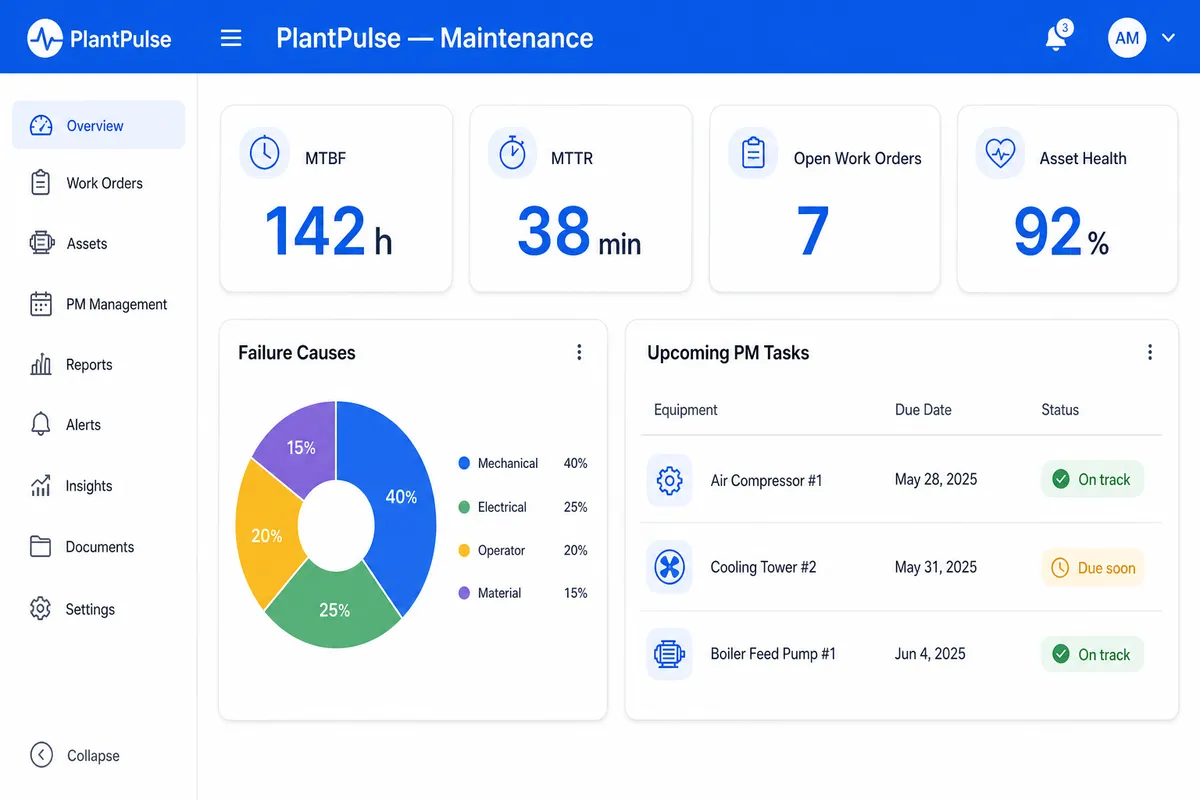 Panel de mantenimiento de PlantPulse con MTBF, MTTR, órdenes de trabajo y salud de activos.